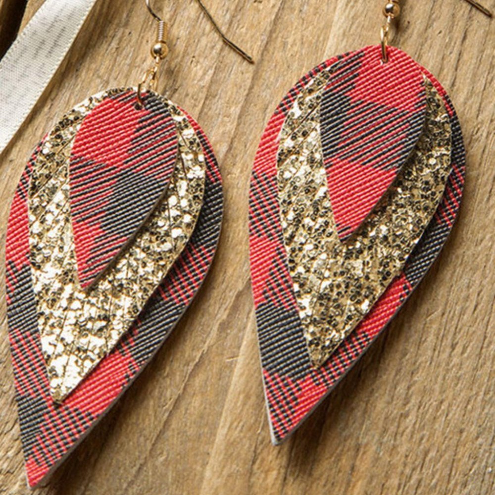 Red Buffalo Plaid Faux Leather Drop Earrings